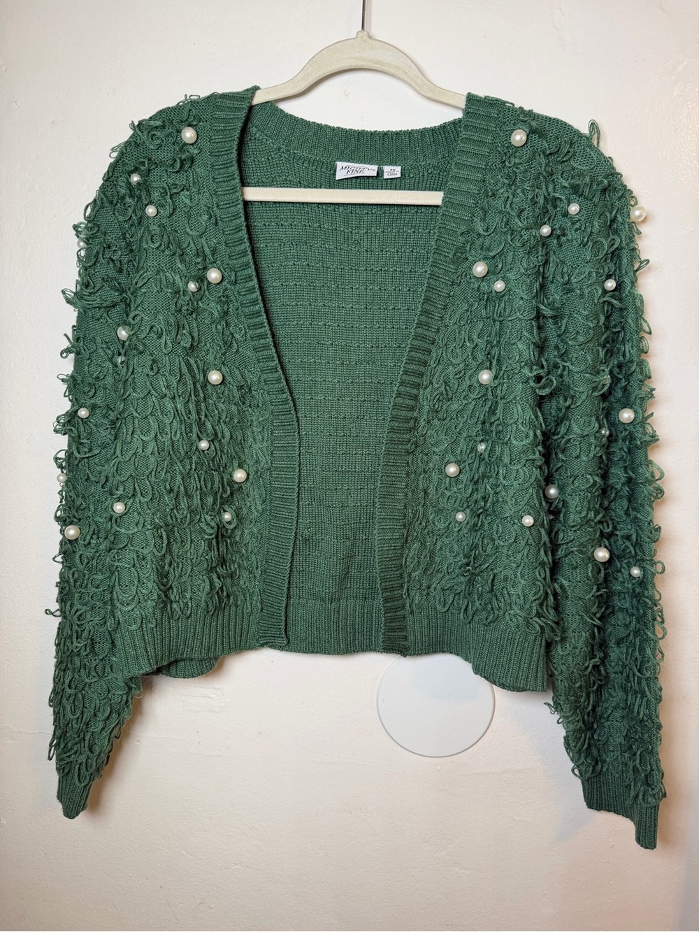 Mighty Fine 2X Pearl Embellished Textured Cardigan Sage Green Open Front Sweater